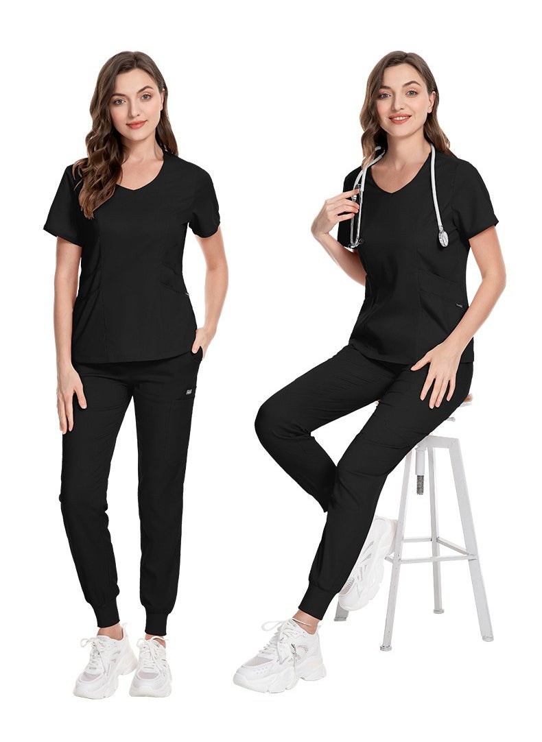 Medical Uniform Scrubs 2 Piece Set V-Neck Top and Elastic Waist Jogger Pants Suit Black