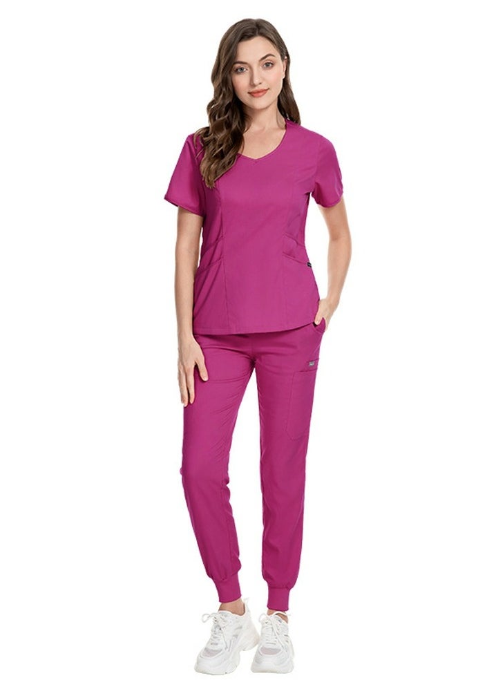 Medical Uniform Scrubs 2 Piece Set V-Neck Top and Elastic Waist Jogger Pants Suit Rose Pink