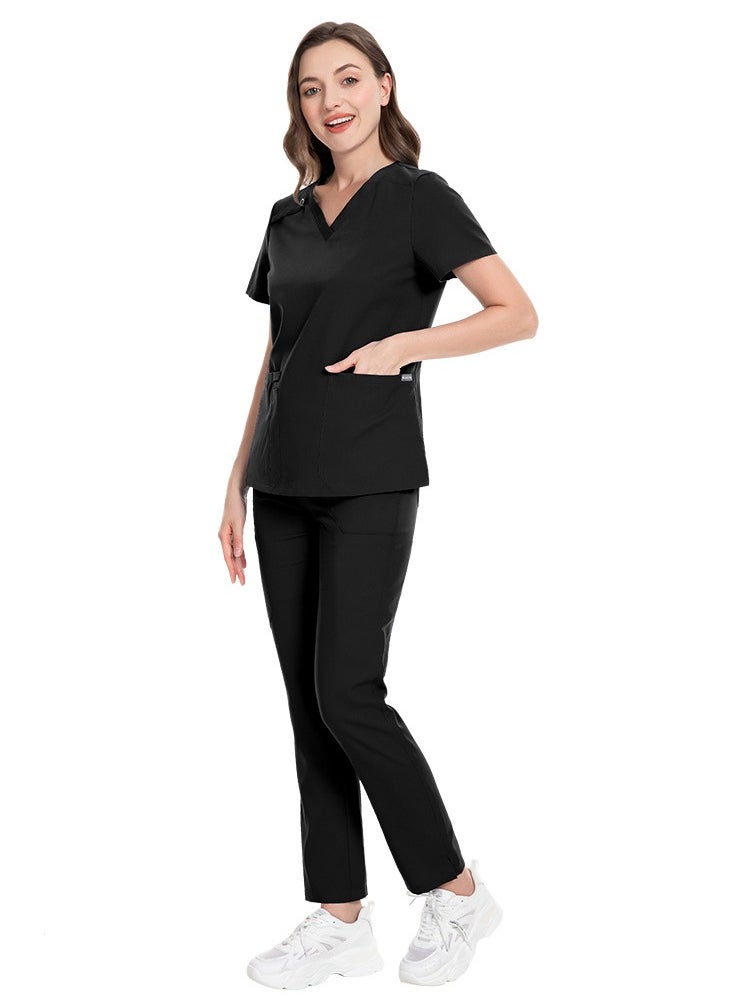 Unisex Medical Uniform Scrubs 2 Piece Set V-Neck Top and Elastic Waist Pants Suit Black