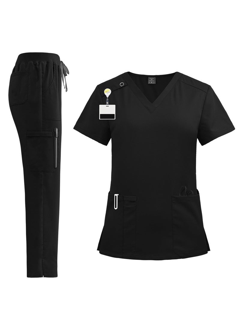 Unisex Medical Uniform Scrubs 2 Piece Set V-Neck Top and Elastic Waist Pants Suit Black