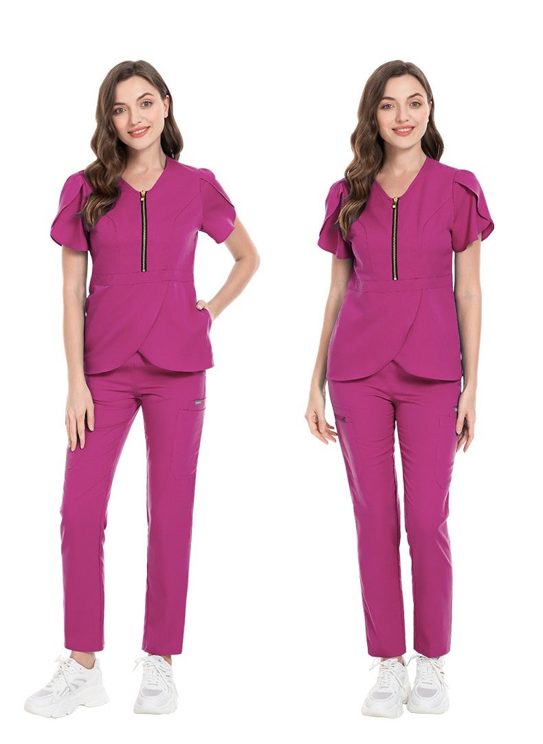 Womens Slim Fit Medical Uniform Scrubs 2 Piece Set V-Neck Zipper Top and Elastic Waist Pants Suit Rose Pink