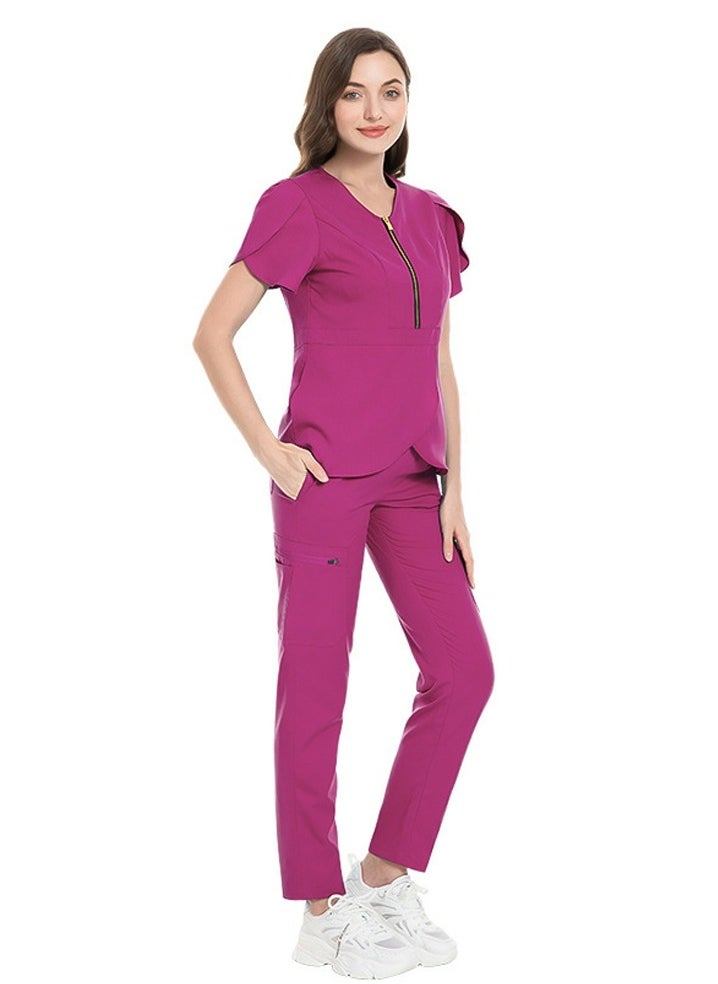 Womens Slim Fit Medical Uniform Scrubs 2 Piece Set V-Neck Zipper Top and Elastic Waist Pants Suit Rose Pink