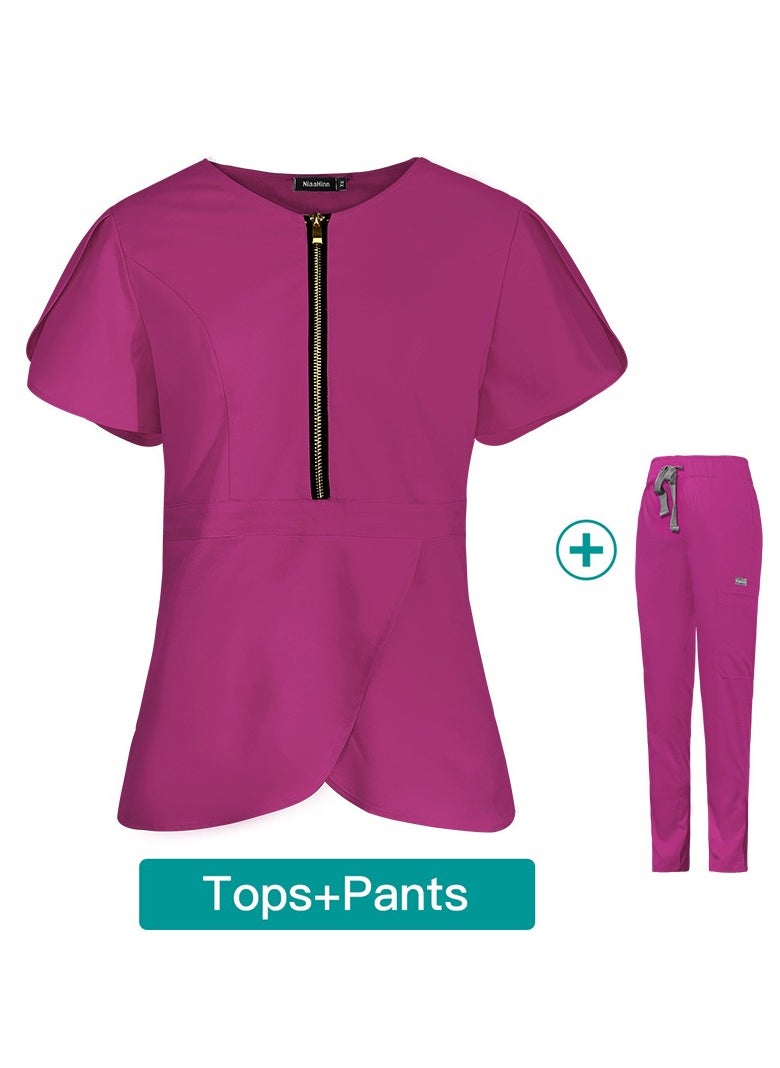 Womens Slim Fit Medical Uniform Scrubs 2 Piece Set V-Neck Zipper Top and Elastic Waist Pants Suit Rose Pink