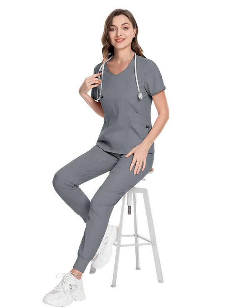 Medical Uniform Scrubs 2 Piece Set V-Neck Top and Elastic Waist Jogger Pants Suit Grey