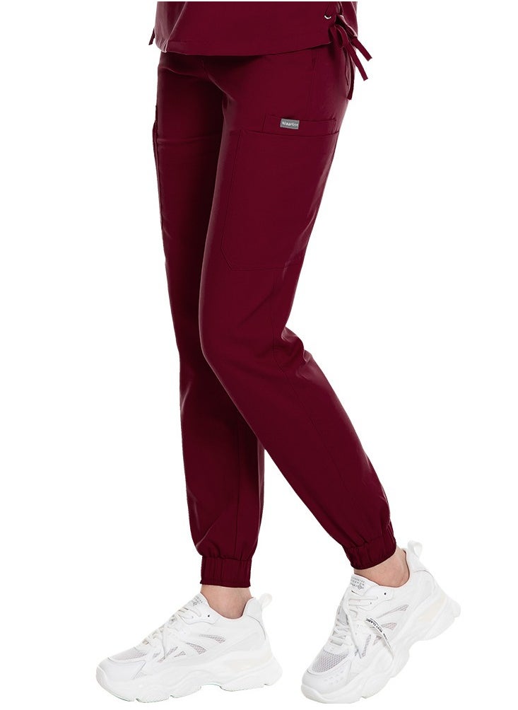 Medical Uniform Scrubs Pants Unisex Elastic Waist Jogger Pants Workwear Wine Red