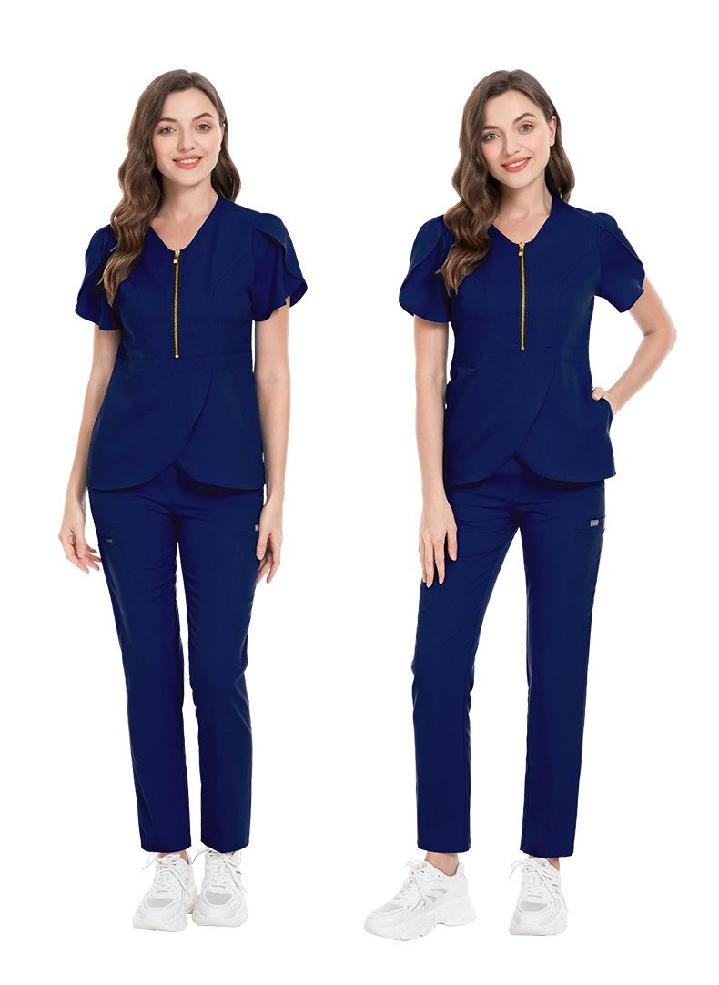 Womens Slim Fit Medical Uniform Scrubs 2 Piece Set V-Neck Zipper Top and Elastic Waist Pants Suit Navy Blue