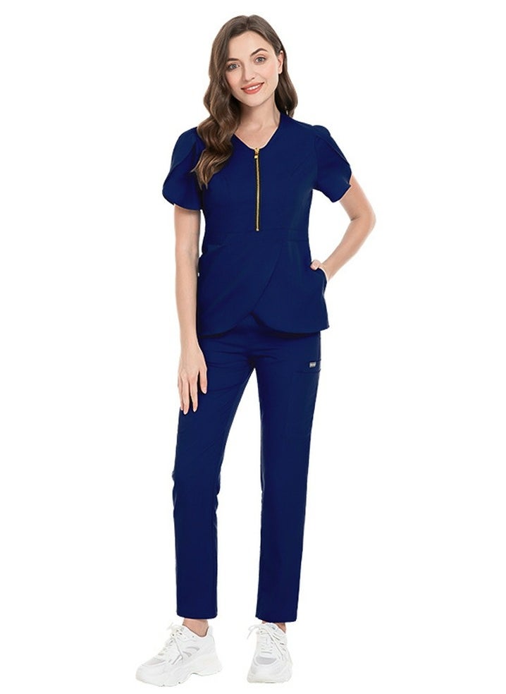 Womens Slim Fit Medical Uniform Scrubs 2 Piece Set V-Neck Zipper Top and Elastic Waist Pants Suit Navy Blue