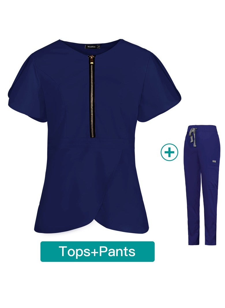 Womens Slim Fit Medical Uniform Scrubs 2 Piece Set V-Neck Zipper Top and Elastic Waist Pants Suit Navy Blue