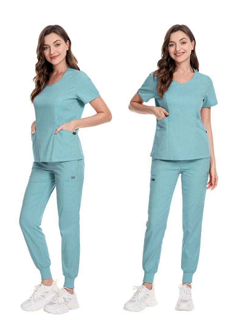 Medical Uniform Scrubs 2 Piece Set V-Neck Top and Elastic Waist Jogger Pants Suit Light Blue