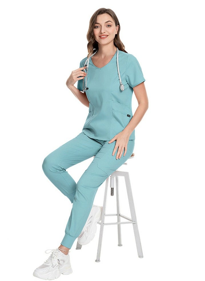 Medical Uniform Scrubs 2 Piece Set V-Neck Top and Elastic Waist Jogger Pants Suit Light Blue