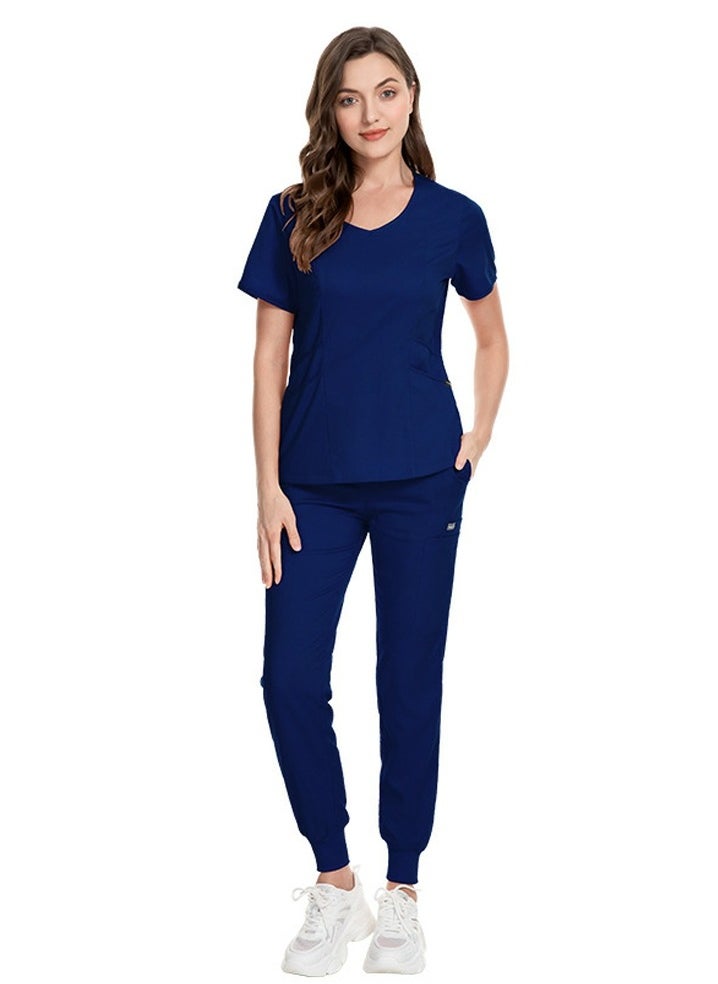 Medical Uniform Scrubs 2 Piece Set V-Neck Top and Elastic Waist Jogger Pants Suit Navy Blue