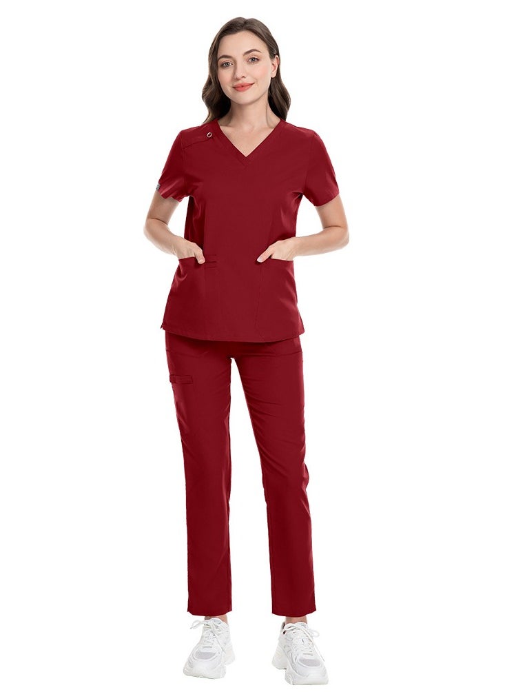 Unisex Medical Uniform Scrubs 2 Piece Set V-Neck Top and Elastic Waist Pants Suit Red