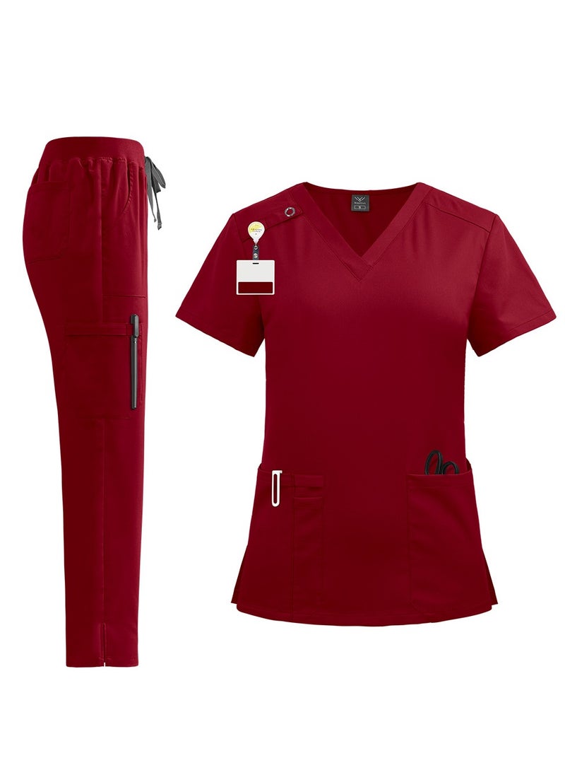 Unisex Medical Uniform Scrubs 2 Piece Set V-Neck Top and Elastic Waist Pants Suit Red