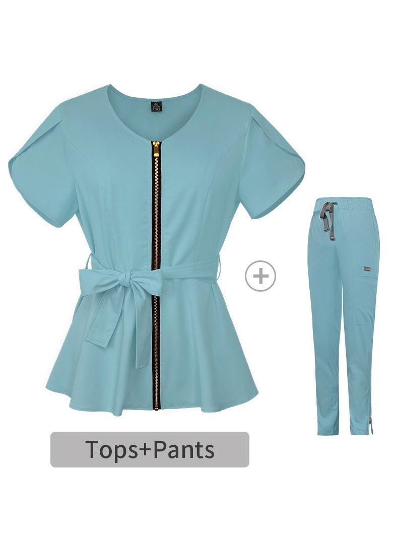 Womens Medical Uniform Scrubs 2 Piece Set Strap Up Waist Zipper Top and Elastic Waist Straight Pants Suit Light Blue