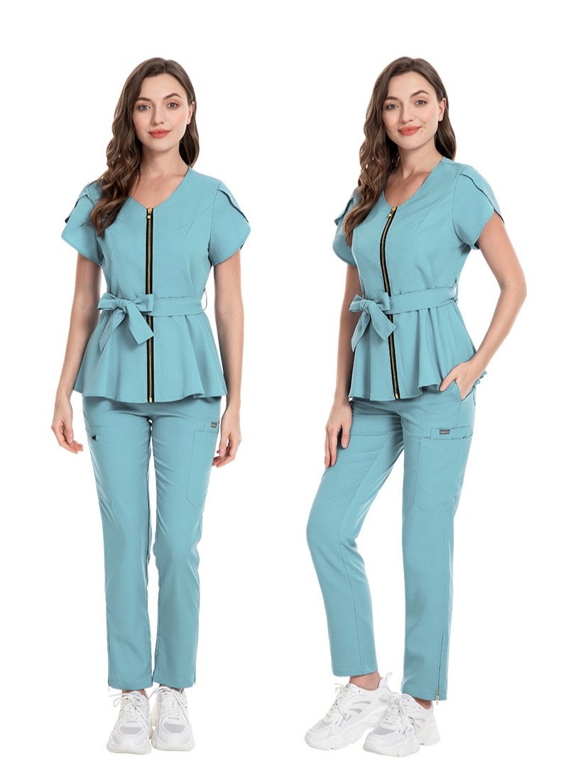 Womens Medical Uniform Scrubs 2 Piece Set Strap Up Waist Zipper Top and Elastic Waist Straight Pants Suit Light Blue