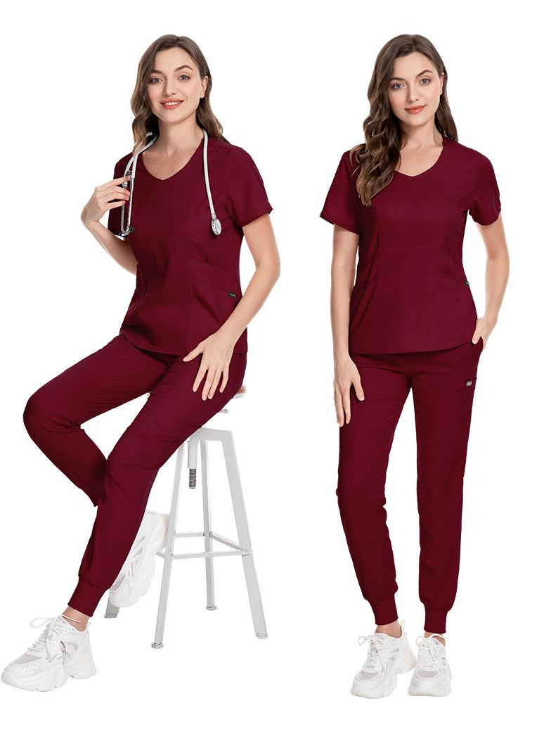 Medical Uniform Scrubs 2 Piece Set V-Neck Top and Elastic Waist Jogger Pants Suit Wine Red