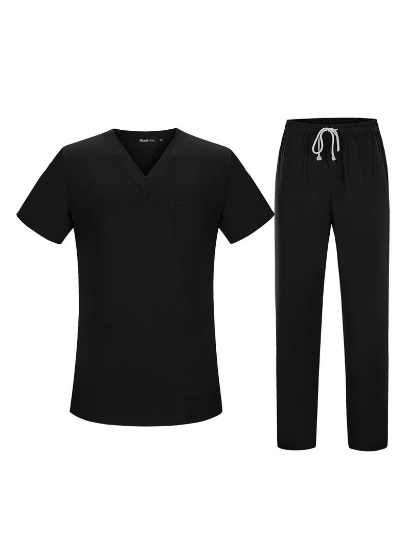 Unisex Loose Medical Uniform Scrubs 2 Piece Set V-Neck Top and Elastic Waist Pants Suit Black