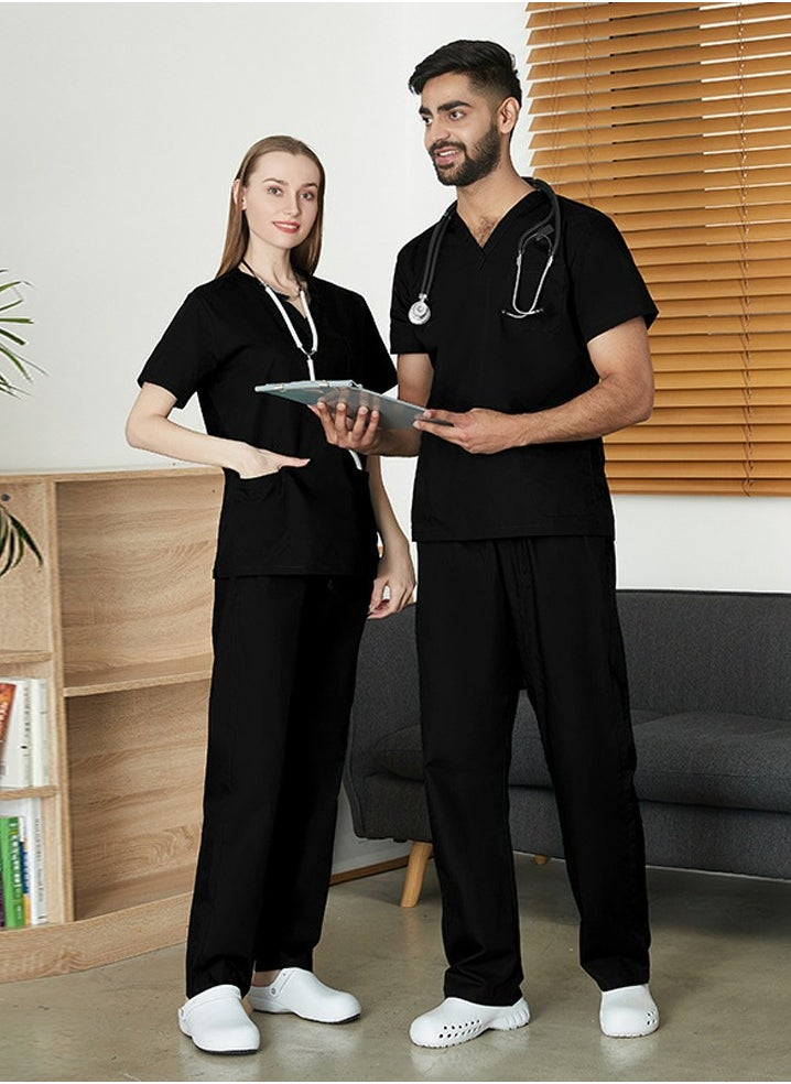 Unisex Loose Medical Uniform Scrubs 2 Piece Set V-Neck Top and Elastic Waist Pants Suit Black