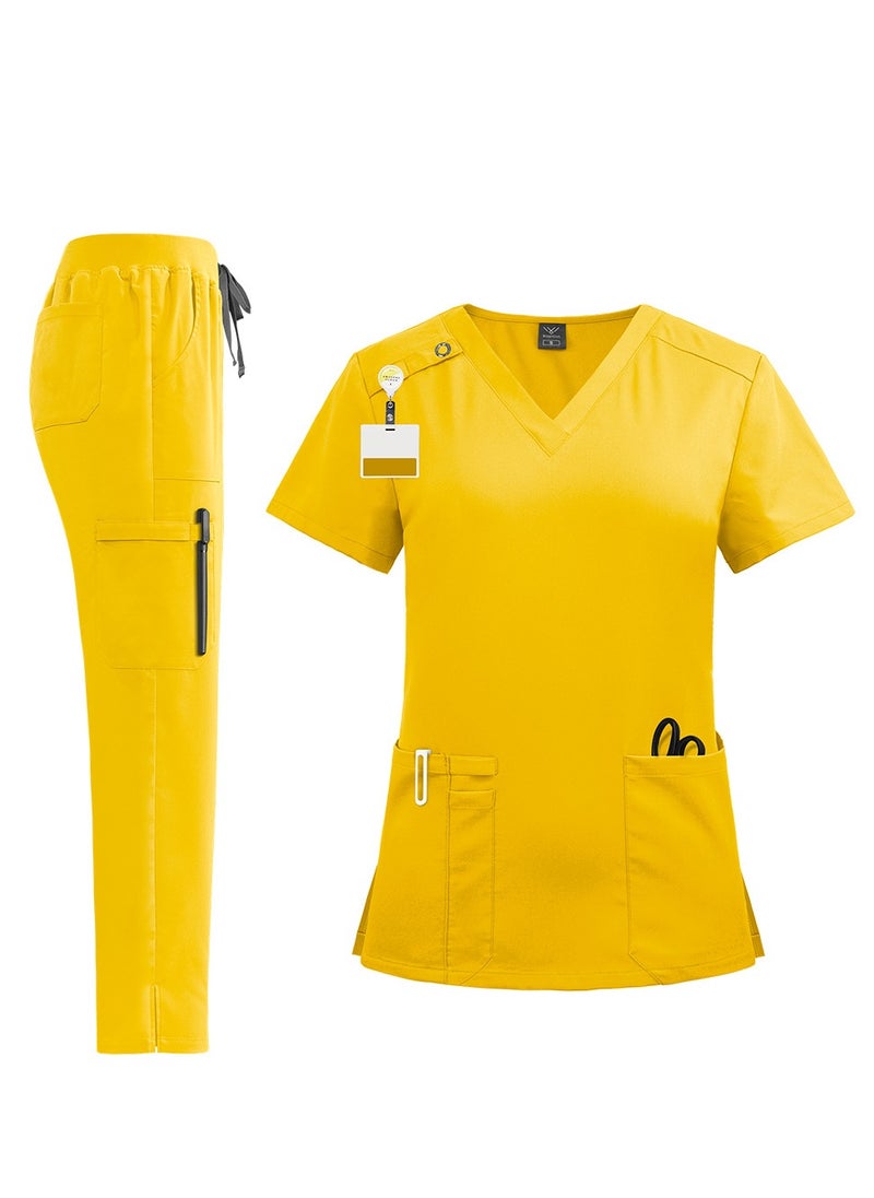 Unisex Medical Uniform Scrubs 2 Piece Set V-Neck Top and Elastic Waist Pants Suit Yellow