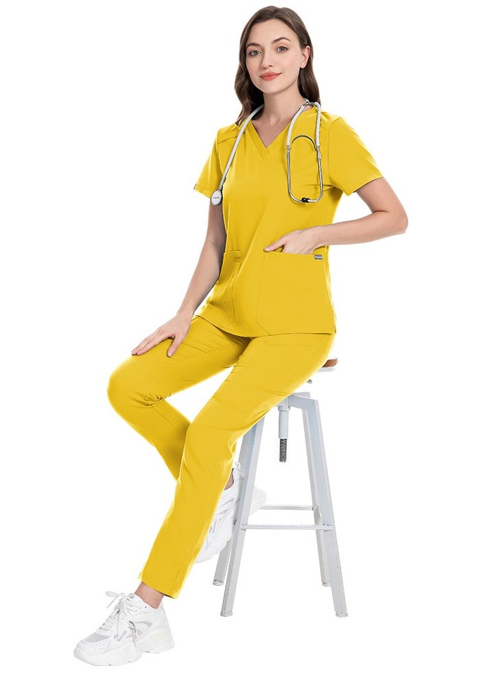 Unisex Medical Uniform Scrubs 2 Piece Set V-Neck Top and Elastic Waist Pants Suit Yellow