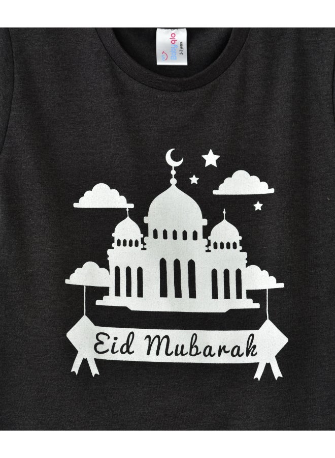 Eid Mubarak Round Neck T-Shirt Dark Grey/White