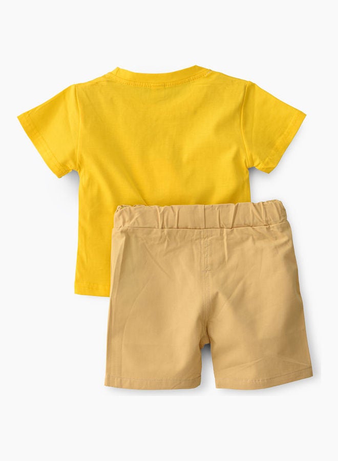 Dino Printed T-Shirt With Shorts Set Yellow/Beige