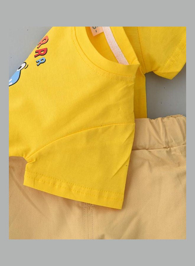 Dino Printed T-Shirt With Shorts Set Yellow/Beige