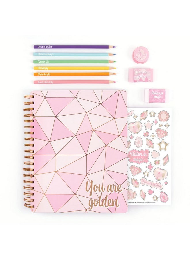 Three Cheers For Girls - Pink & Gold All-In-1 Sketchbook Set - Girls Diary, Journal, Sketch Book For Kids W/ Pencils, Stickers & More - Drawing Kit For Kids - Unlined Diary For Girls - Kids Sketch Pad