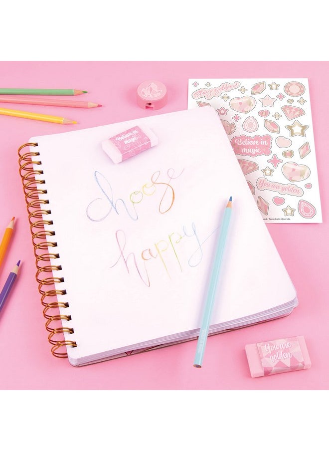 Three Cheers For Girls - Pink & Gold All-In-1 Sketchbook Set - Girls Diary, Journal, Sketch Book For Kids W/ Pencils, Stickers & More - Drawing Kit For Kids - Unlined Diary For Girls - Kids Sketch Pad