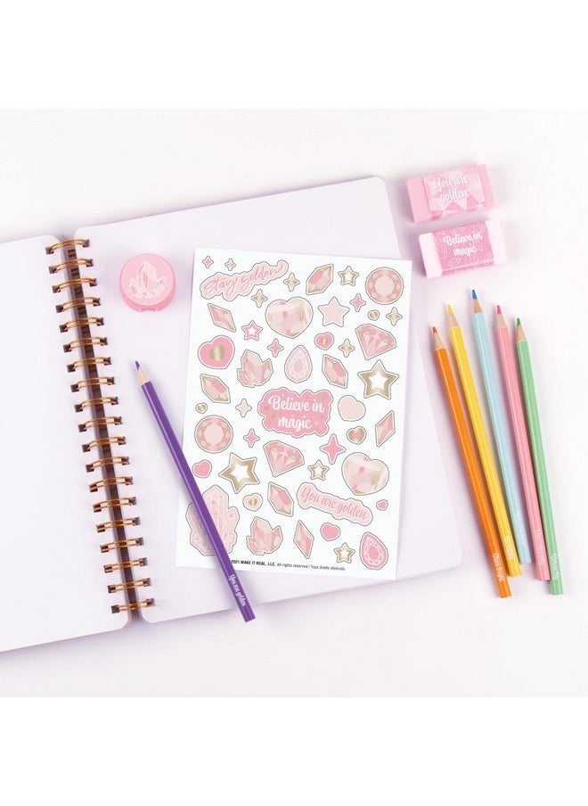 Three Cheers For Girls - Pink & Gold All-In-1 Sketchbook Set - Girls Diary, Journal, Sketch Book For Kids W/ Pencils, Stickers & More - Drawing Kit For Kids - Unlined Diary For Girls - Kids Sketch Pad