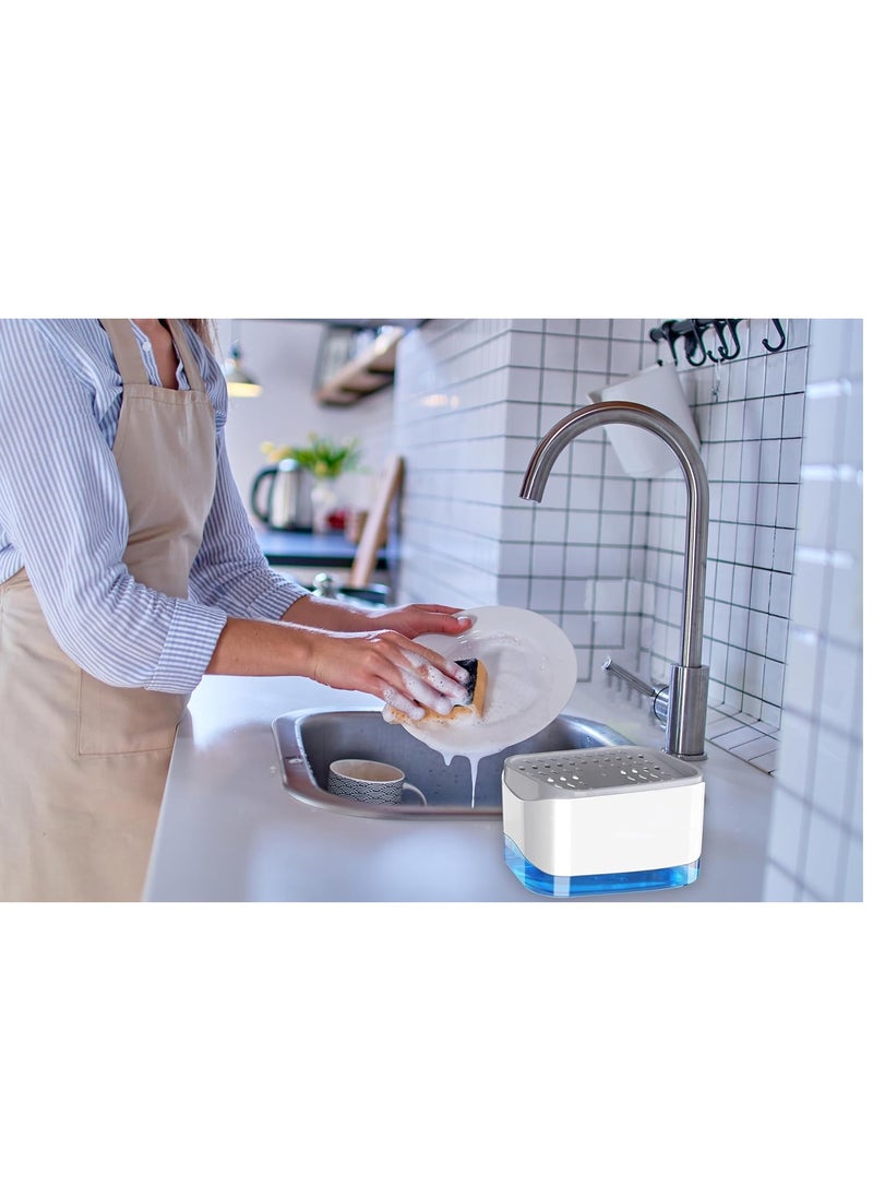 PESCADOR Kitchen Soap Pump Kitchen Soap Dispenser with Sponge Holder Dishwashing Liquid Container for Modern Kitchen White Pump and Sponge