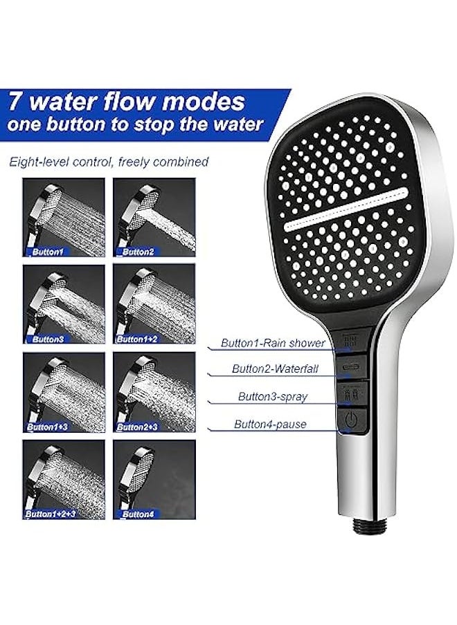 Shower Head, High Pressure Shower Heads with 8 Spray Modes, Universal Water Saving Large Handheld Powerful Square Shower Head, Single Hand Adjustable (Without Hose Set 1.5m)