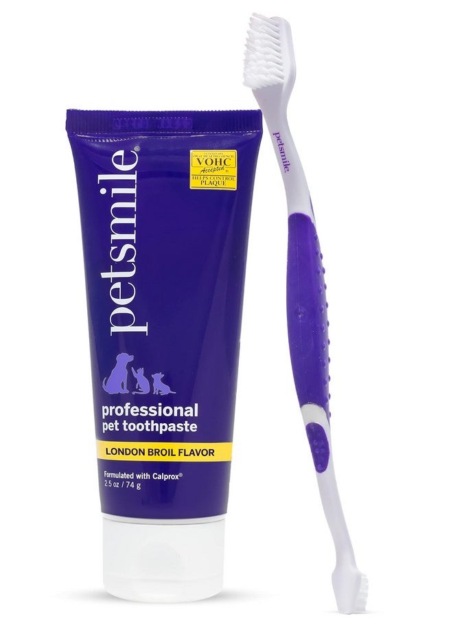 Professional Pet Tooth Brushing Kit - Cat & Dog Toothbrush And Toothpaste For Plaque, Tartar, & Bad Breath - Vohc Accepted Non Enzymatic Cat & Dog Toothpaste (London Broil, 2.5 Oz)