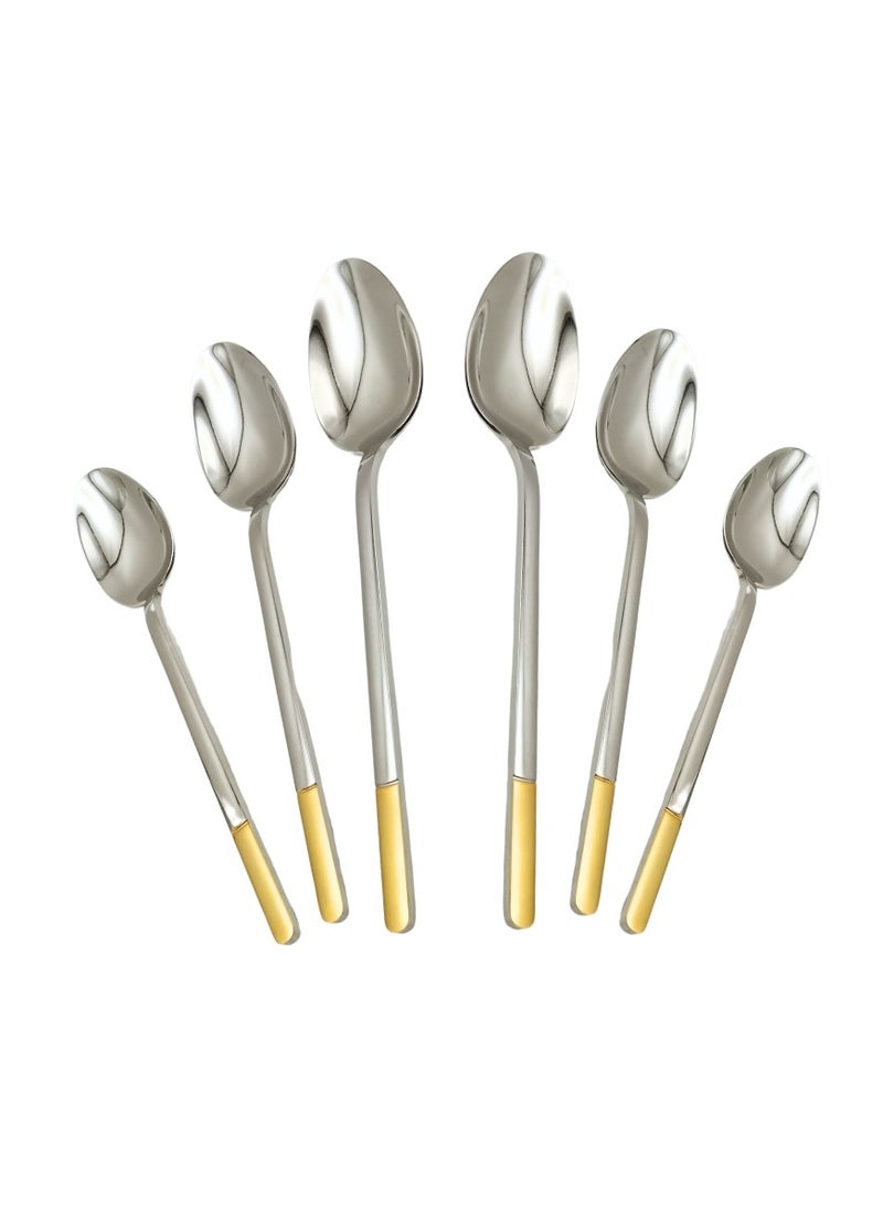 Liying 6Pcs Gold Topper Design Stainless Steel Dinner Spoon Set 21.5cm x 4cm, Modern Silver Big Spoons for Home, Kitchen, Restaurant, Fine Edge & Mirror Polished, Dishwasher Safe