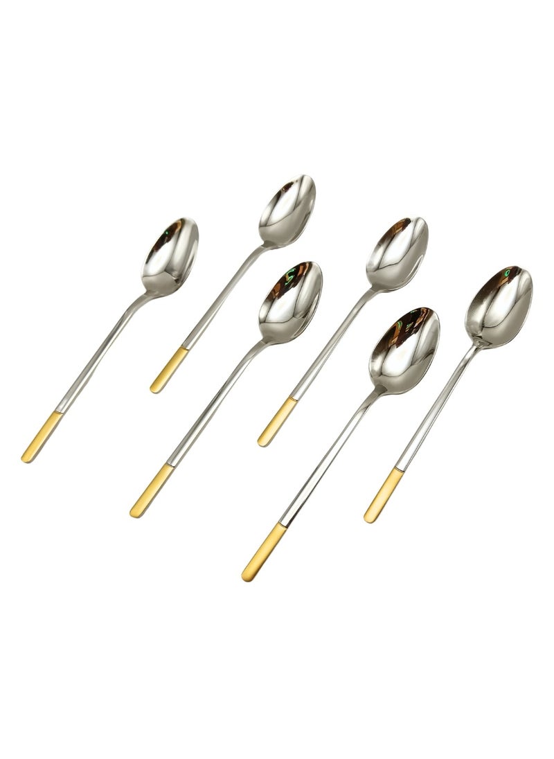 Liying 6Pcs Gold Topper Design Stainless Steel Dinner Spoon Set 21.5cm x 4cm, Modern Silver Big Spoons for Home, Kitchen, Restaurant, Fine Edge & Mirror Polished, Dishwasher Safe