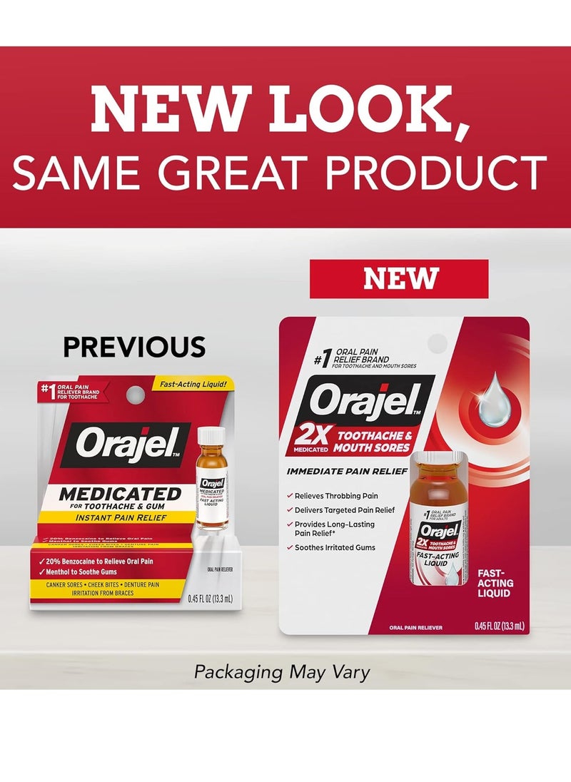 Orajel 2X Medicated Toothache & Mouth Sores Liquid, 0.45 Fl Oz