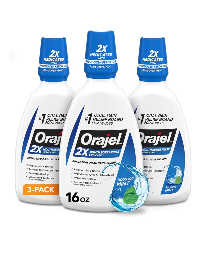 Orajel Nonseptic Mouth Sore Rinse 16oz, Soothing Mint Flavor, Provides Pain Relief, Promotes Healing, 3-Pack