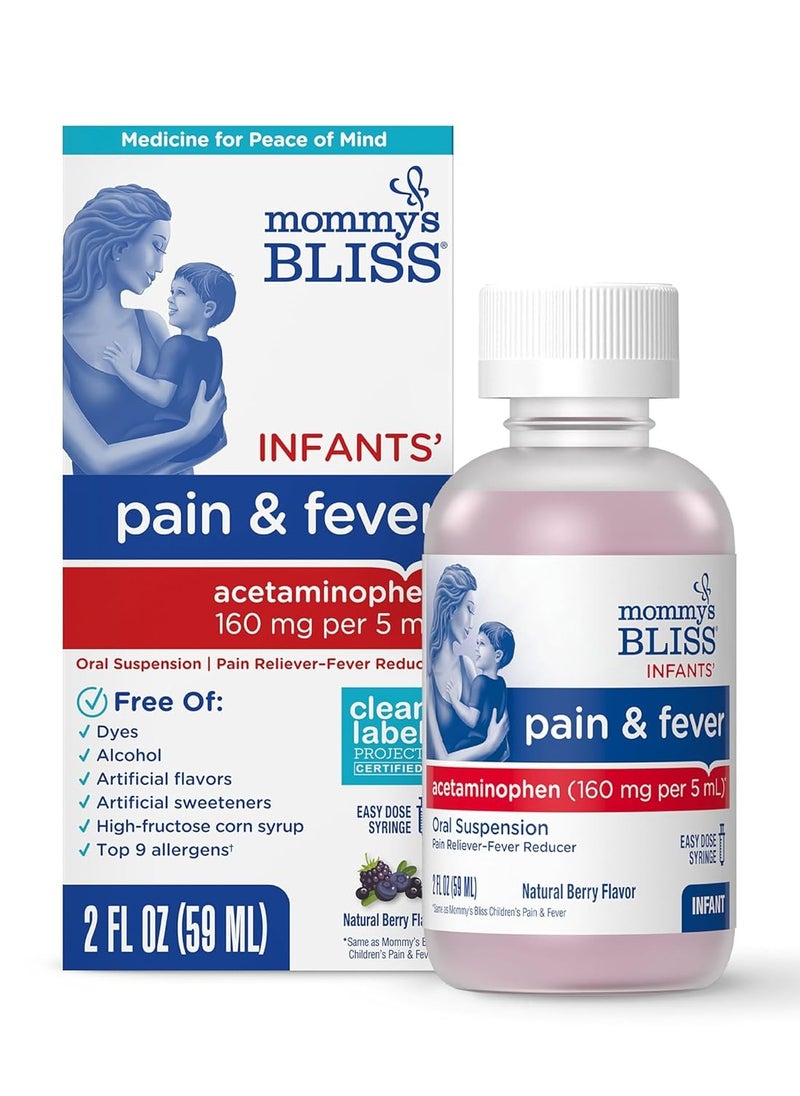 Mommy's Bliss Infants' Pain and Fever Reducer, Baby Acetaminophen, Dye Free, Delicious Mixed Berry Flavor, Ages 2+, 2 Fluid Ounces