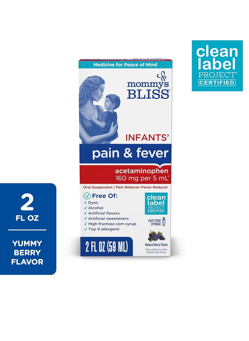 Mommy's Bliss Infants' Pain and Fever Reducer, Baby Acetaminophen, Dye Free, Delicious Mixed Berry Flavor, Ages 2+, 2 Fluid Ounces