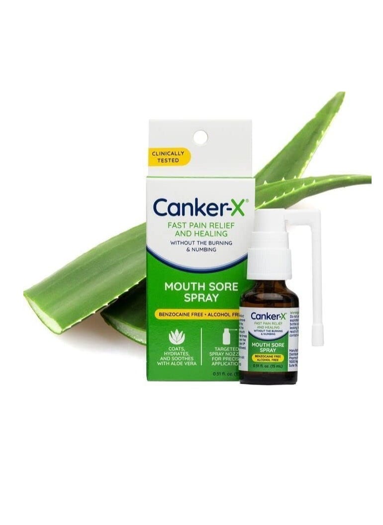 Canker-X Mouth Sore Spray, Oral Pain Relief from Canker Sores, Burns & More, No Burning & Numbing, Benzocaine Free & Alcohol Free Mouth Ulcer Treatment, Targeted Spray Nozzle, 0.51 Fl. Oz.