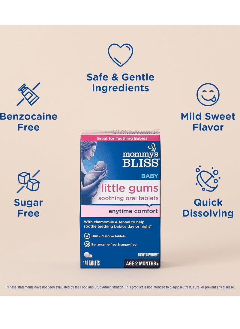 Mommy's Bliss Little Gums Soothing Oral Tablets, Great for Teething Babies, Benzocaine-Free & Sugar-Free, 2 Months+, 1 Bottle (140 Tablets)