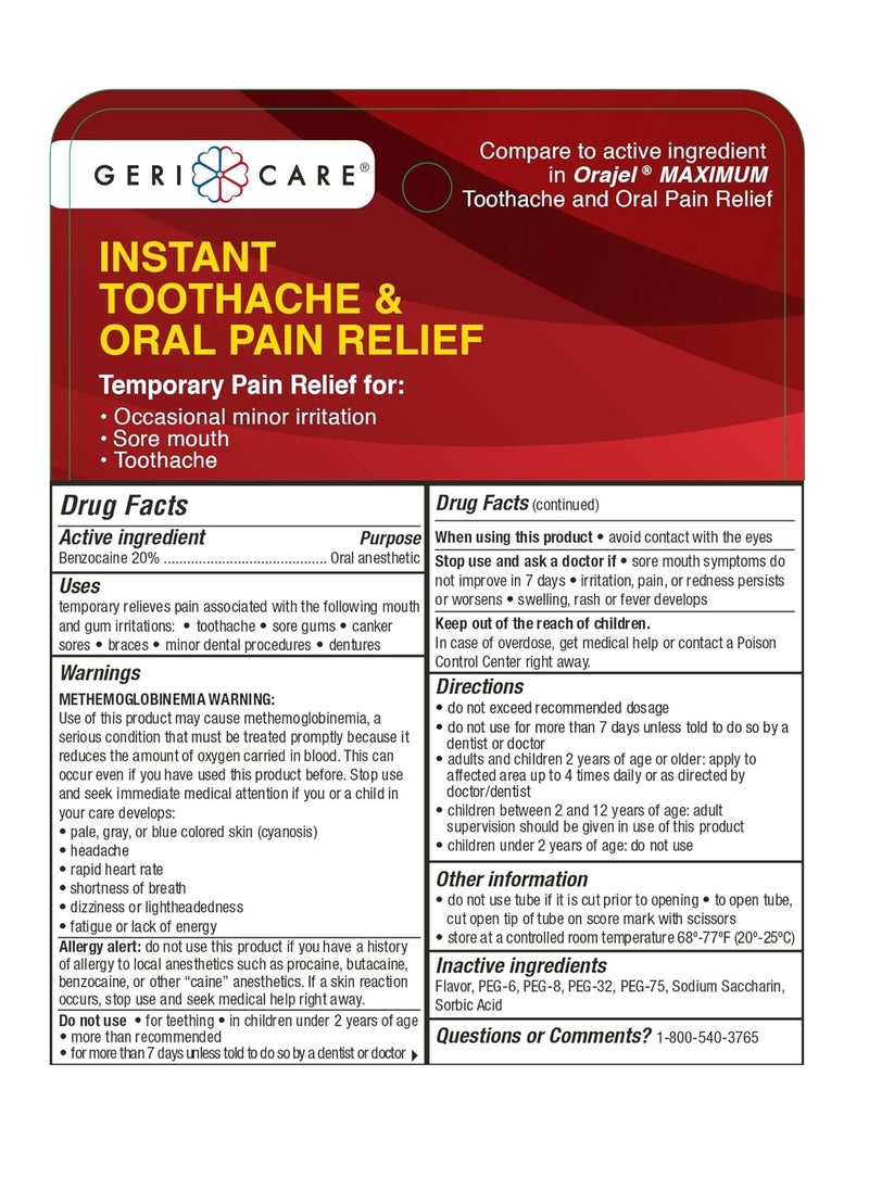 GeriCare Benzocaine 20% Instant Toothache & Oral Pain Relief Gel 0.5 oz. (14.2g) (Pack of 2)