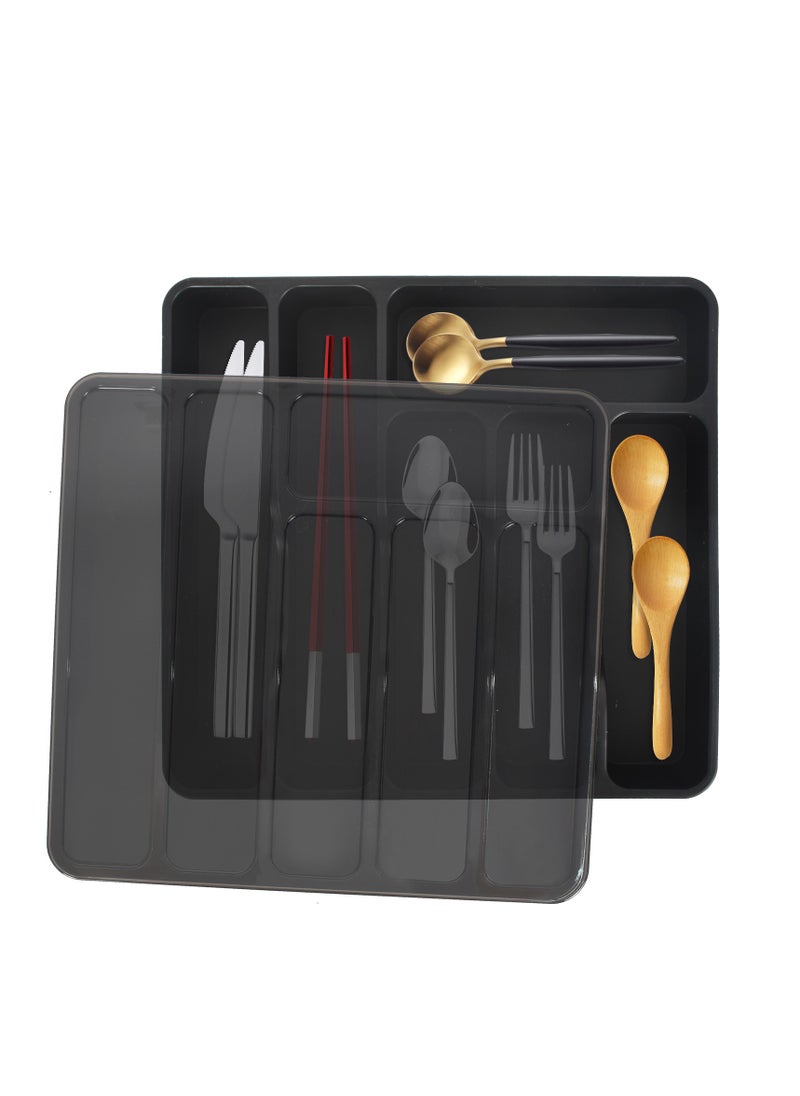 Cutlery Tray with Lid 6 Compartments, Cutlery Holder for Kitchen, Plastic Drawer Organizer for Spoons, Forks, Knives