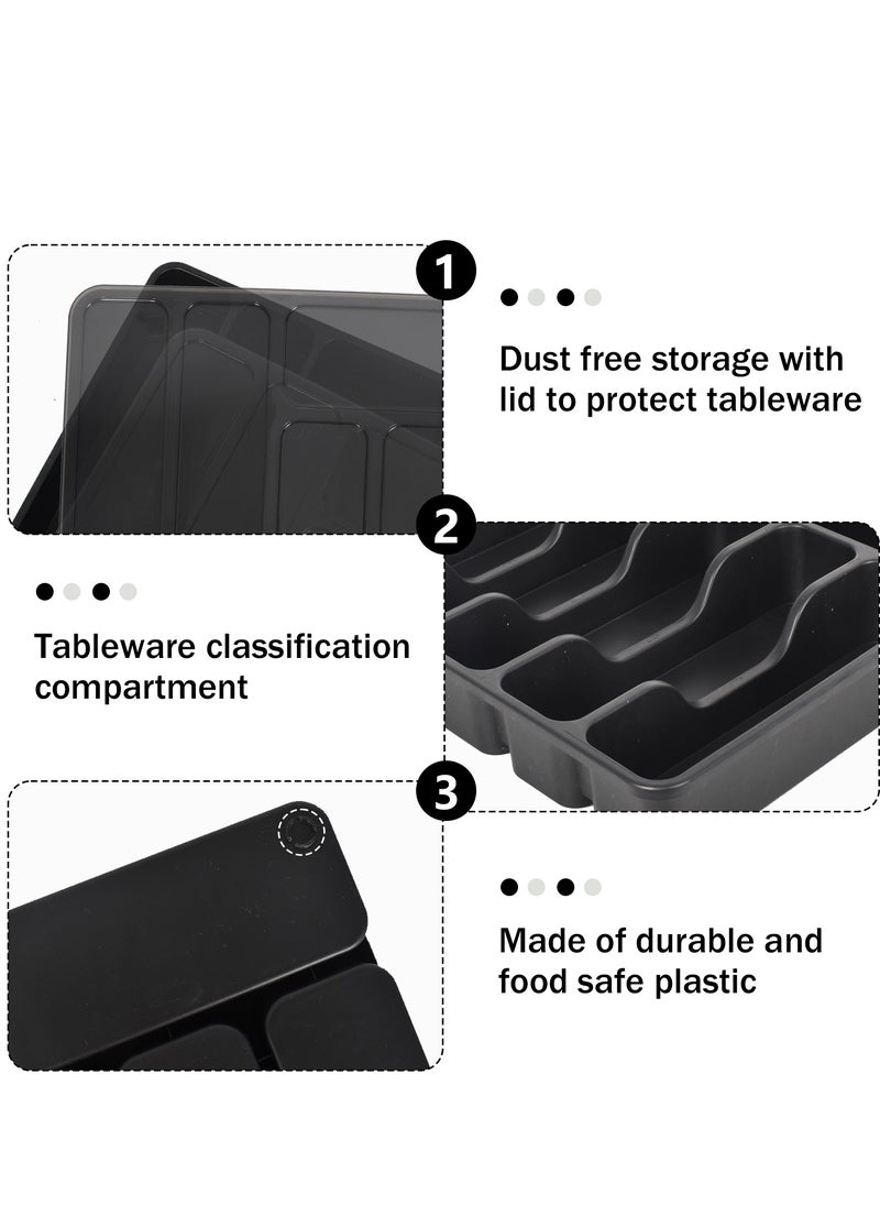 Cutlery Tray with Lid 6 Compartments, Cutlery Holder for Kitchen, Plastic Drawer Organizer for Spoons, Forks, Knives