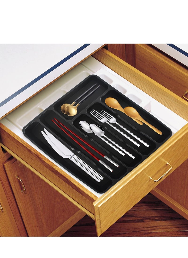 Cutlery Tray with Lid 6 Compartments, Cutlery Holder for Kitchen, Plastic Drawer Organizer for Spoons, Forks, Knives