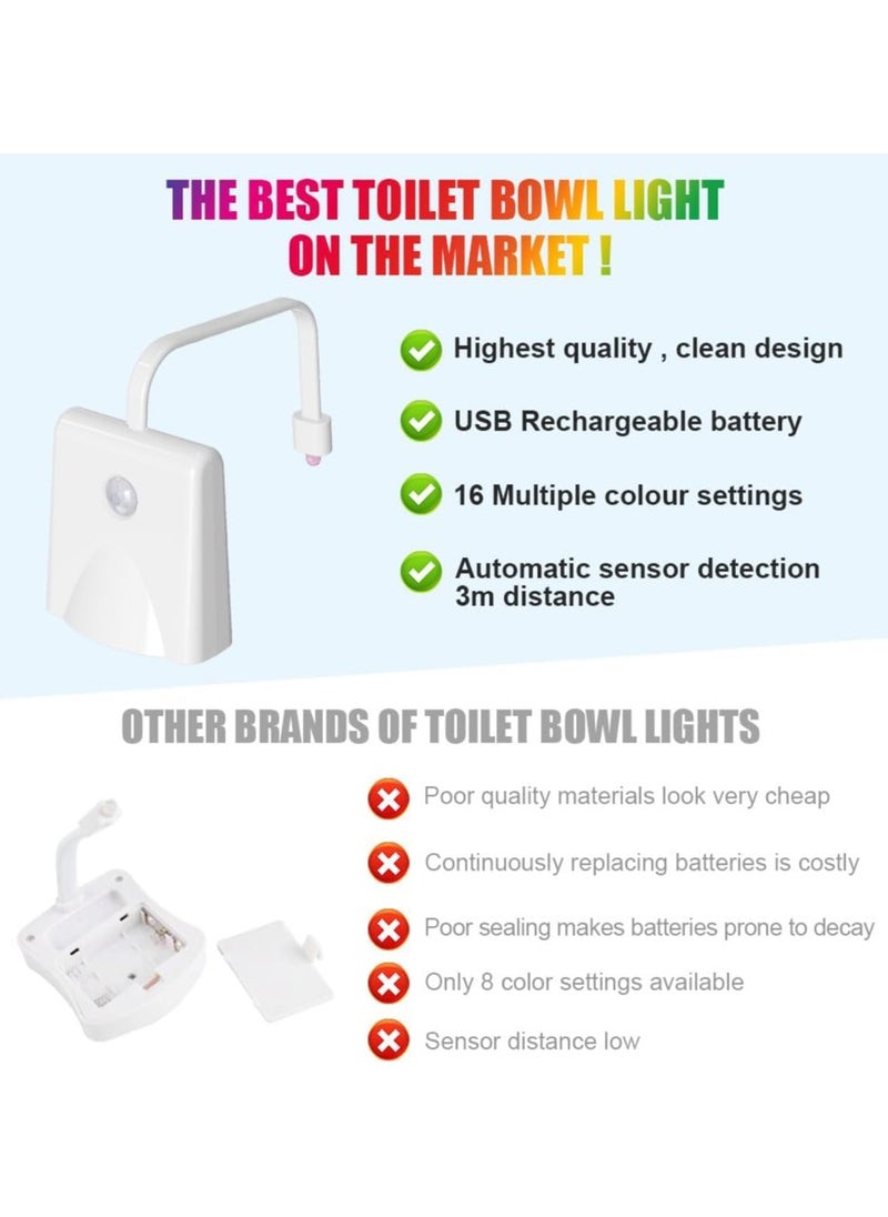 Motion Sensor Toilet Night Light, 16 Colors Body Motion Sensor Toilet Bowl Seat Lamp, USB Chargeable, Adjustable Motion Activated Toilet Night Light for Any Toilet