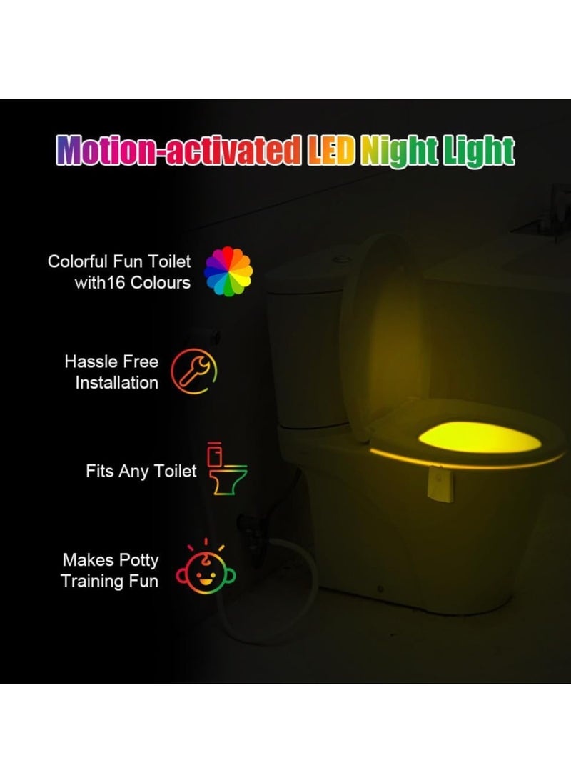 Motion Sensor Toilet Night Light, 16 Colors Body Motion Sensor Toilet Bowl Seat Lamp, USB Chargeable, Adjustable Motion Activated Toilet Night Light for Any Toilet