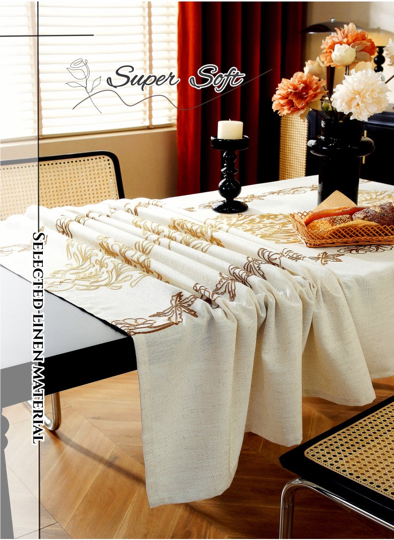 Cotton and Linen Rectangular Baroque Tablecloth,140X200cm Table Covers,Coffee Table Cloth, European Classical Luxury Style Light Brown,Baroque 3D Embroidery Pattern, High Gram Weight, Thick and Smoo