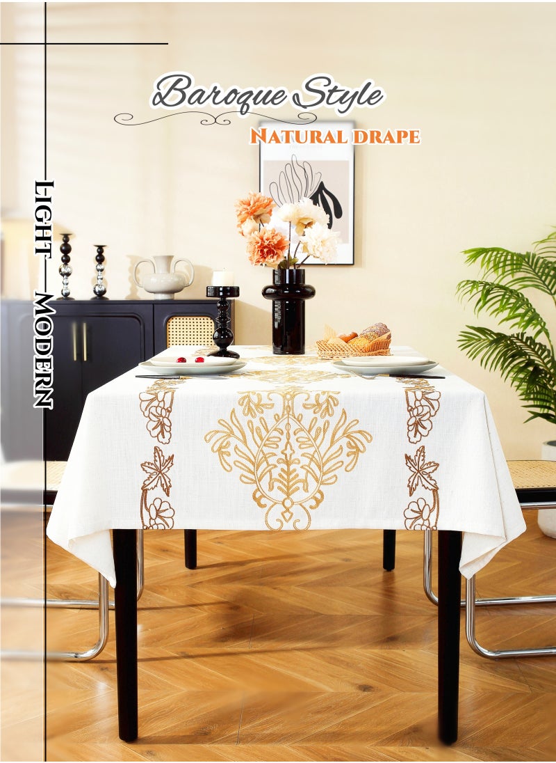 Cotton and Linen Rectangular Baroque Tablecloth,140X200cm Table Covers,Coffee Table Cloth, European Classical Luxury Style Light Brown,Baroque 3D Embroidery Pattern, High Gram Weight, Thick and Smoo