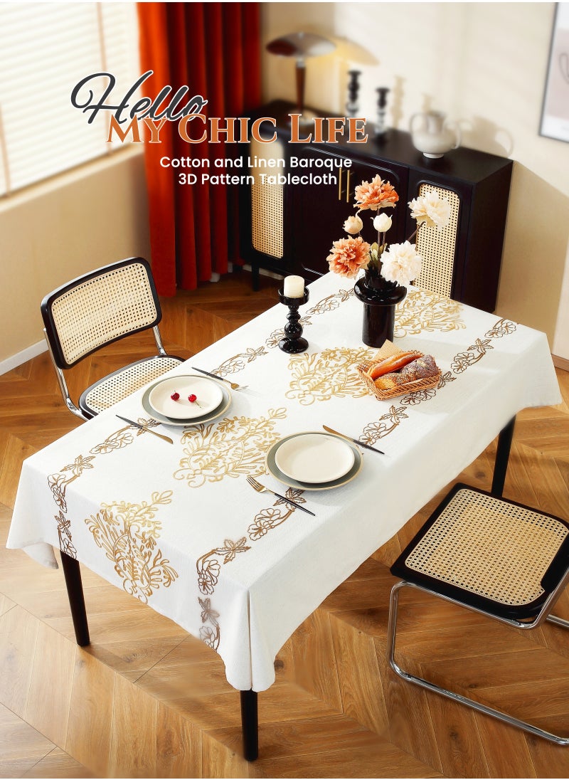 Cotton and Linen Rectangular Baroque Tablecloth,140X200cm Table Covers,Coffee Table Cloth, European Classical Luxury Style Light Brown,Baroque 3D Embroidery Pattern, High Gram Weight, Thick and Smoo